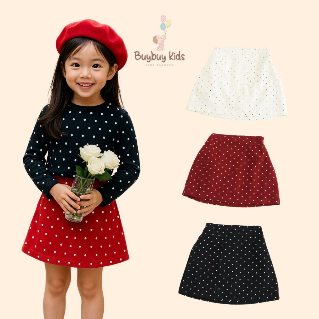 ROK MINI KOREA ANAK PREMIUM - HARIN POLKADOT SKIRT - Rok Mini Hitam Anak Cewek Premium Rok Tartan An