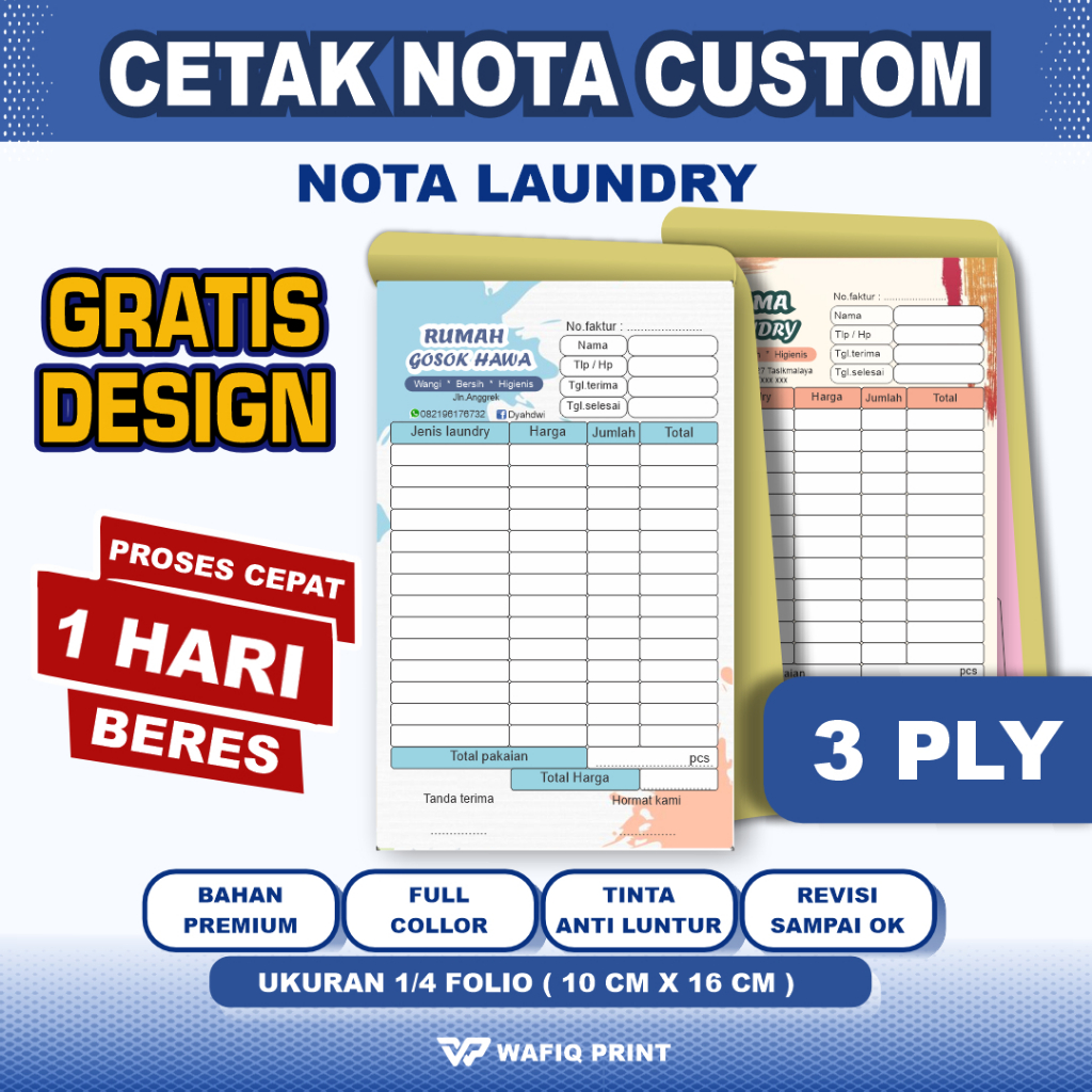 

Cetak Nota Laundry 3PLY Custom Nama Sendiri Ukuran 1/4 polio Gratis Design Full Warna Buku Kwitansi
