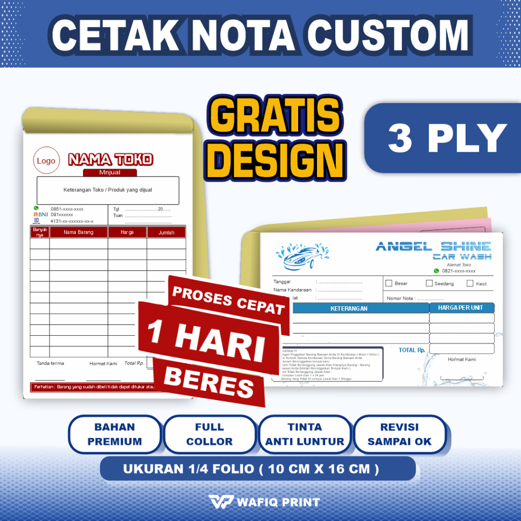 

Nota custom 3 PLY ukuran 1/4 gratis design full warna nama toko sendiri buku kwitansi pembayaran