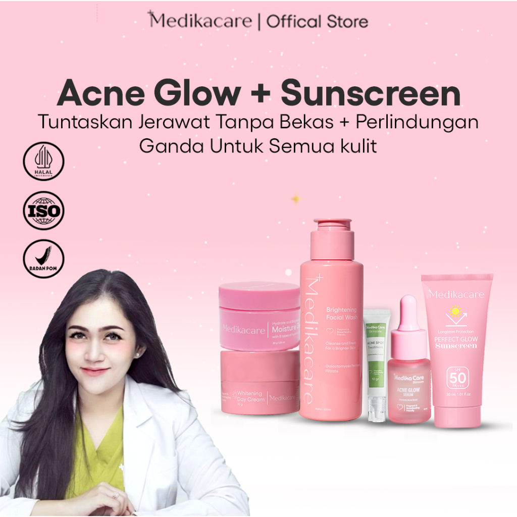 Medikacare Paket Acne Glow Lengkap & Sunscreen Perfect Glow SPF 50 PA ++ | Membantu Menghilangkan Je