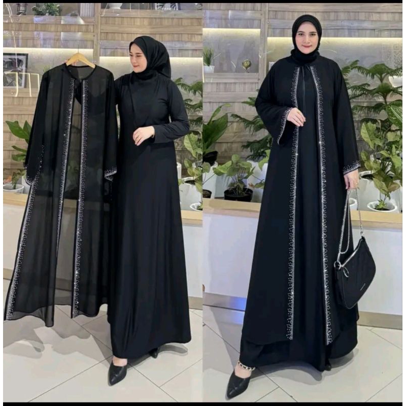 GAMIS ABAYA TURKEY YASMINE ROMPI OUTER PISAH PAYET SILVER DAN FULL HITAM