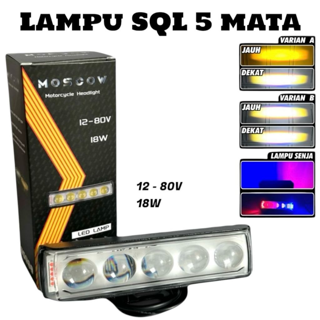 LAMPU LED TEMBAK / SOROT SQL 5 MATA PLUS DEVIL EYE SENJA BIRU MERAH SUPER TERANG 18W PER LAMPU  VOLT