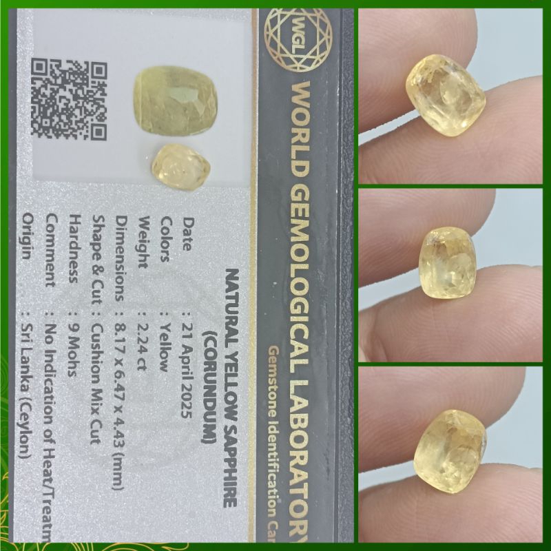Natural Yellow sapphire Ceylon 2,2 ct No Heat memo WGL Safir Sri Lanka