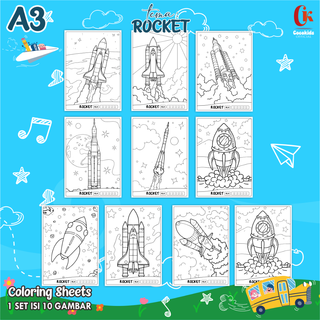 

(ROKET 01) KERTAS MEWARNAI ANAK A3 - COLORING SHEETS SERIES 1 - LEMBAR MEWARNAI ANAK PAUD/TK/SD