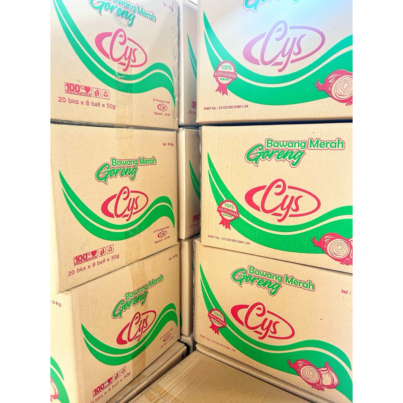 

Bawang Merah Goreng CyS., 1 Karton isi 8 ball (8kg)., 1 bali isi 20pcs (1kg) 1 pcs berat 50 g