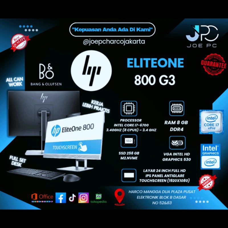 PC ALL IN ONE HP EliteOne 800 G3 Touchscreen Intel Core i7 Gen 6 RAM 8GB SSD 256GB Layar Display 24i