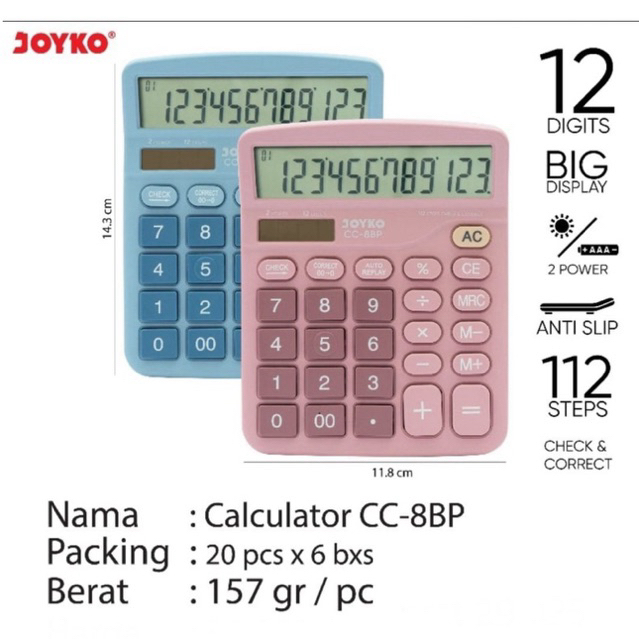 

Joyko Calculator CC-8BP Anti Slip / Kalkulator Meja 12 Digit Power AAA Batre CC8BP Biru Pink Color