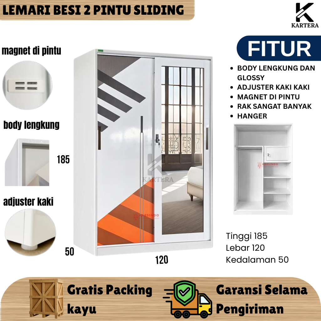 Lemari Pakaian 2 Pintu Besi Sliding Cermin | Lemari Baju Sleding Besi.KARSINDO