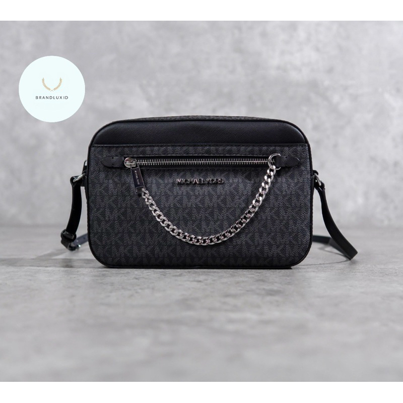 Michael Kors MK Monogram Grey Chain Camera Bag with Long Strap in Black