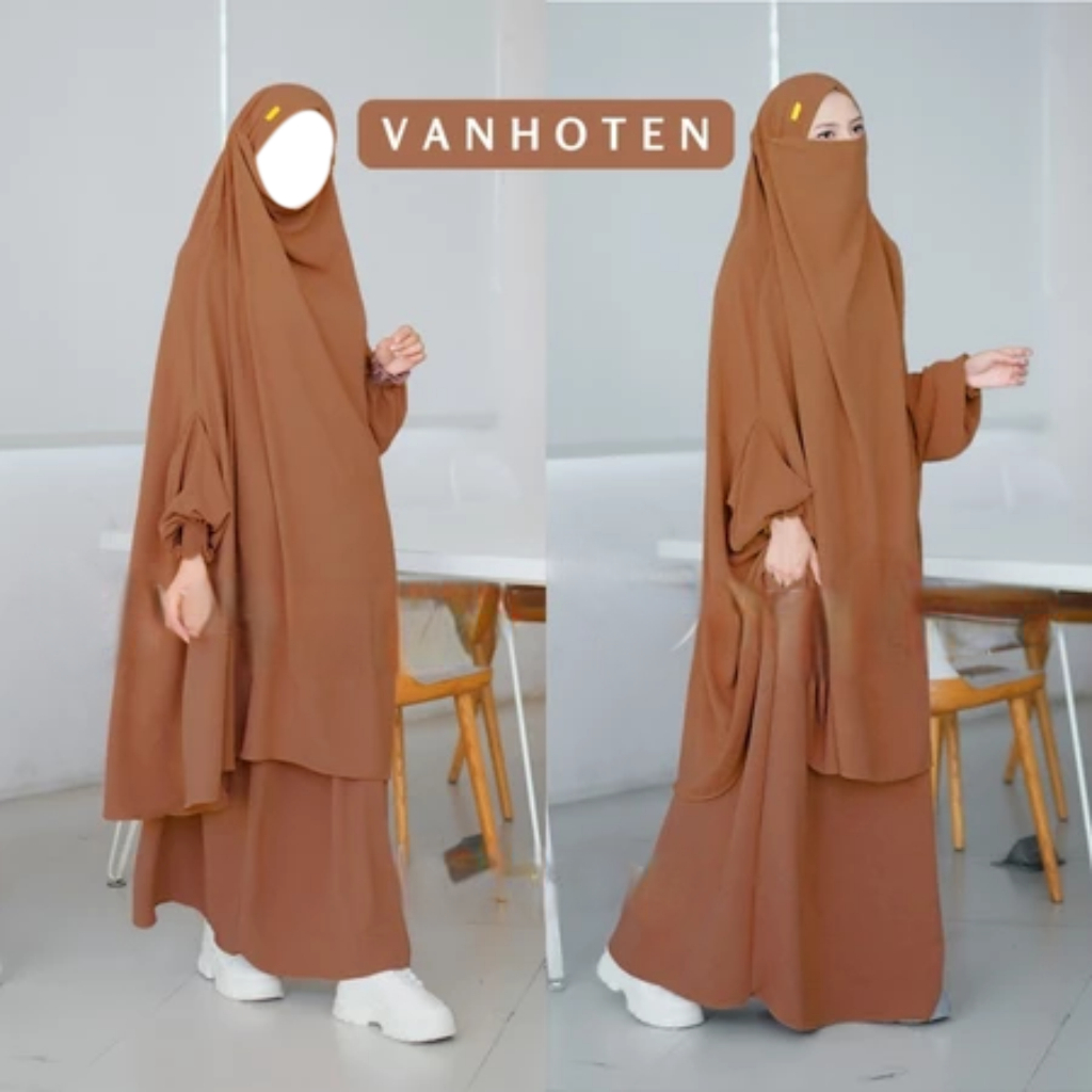 French Set Gamis Khimar Syari Warna Vanhoten – Bahan Dingin Lembut Jatuh Anti Kusut & UV Premium