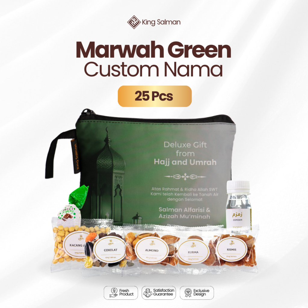 

Paket Oleh Oleh Haji dan Umroh Premium - King Salman Gift | MARWAH GREEN 25 PCS Custom Pouch