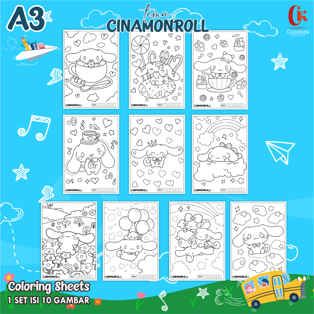 

(CINAMONROLL 01) KERTAS MEWARNAI ANAK A3 - COLORING SHEETS SERIES 1 - LEMBAR MEWARNAI ANAK PAUD/TK/SD