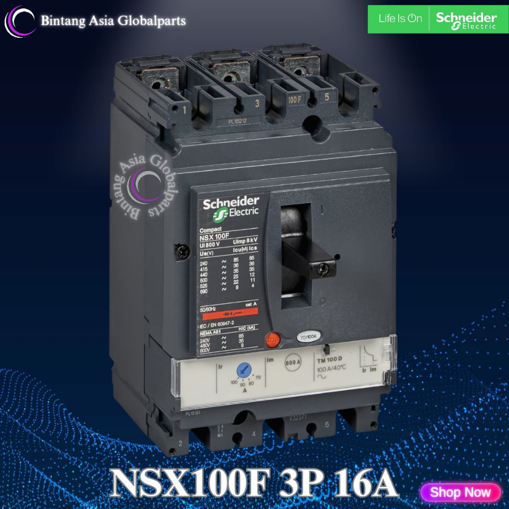 MCCB 3 Phase 16 Ampere Schneider LV429637 Original / MCCB 3p 16a 36kA NSX100F / Breaker 3 Pole 16a N