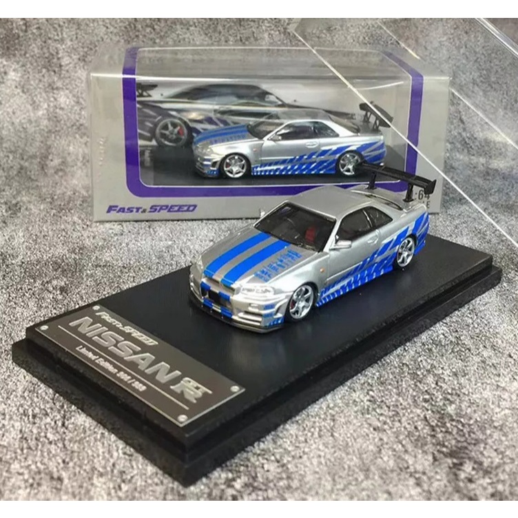 Fast Speed 1:64 Nissan Skyline GT-R R34 Z-Tune FNF Silver Blue Livery Fast and Furious