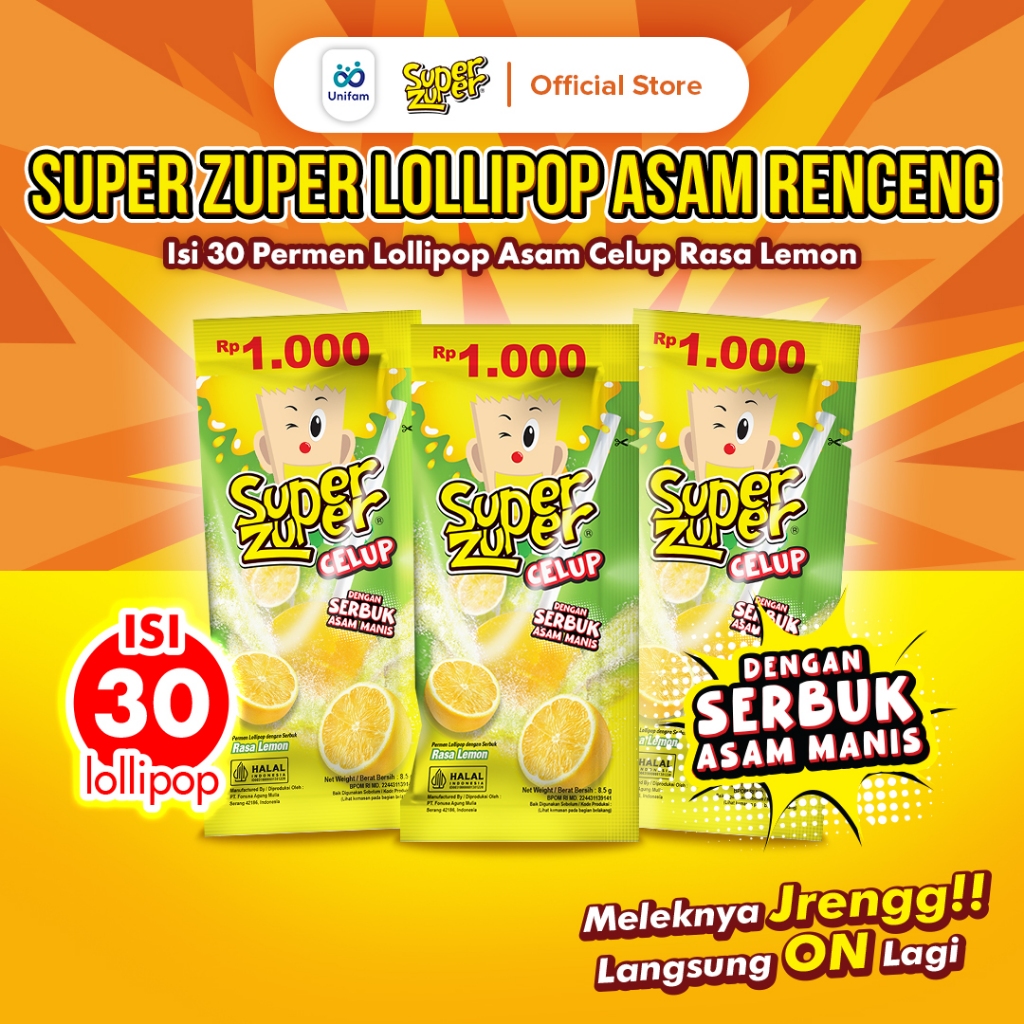 

Super Zuper Permen Lolipop Asam Celup Serbuk Buah - Sour Candy Hanger 1 Bag (Isi 30Pcs) @8.5 Gram - Lemon