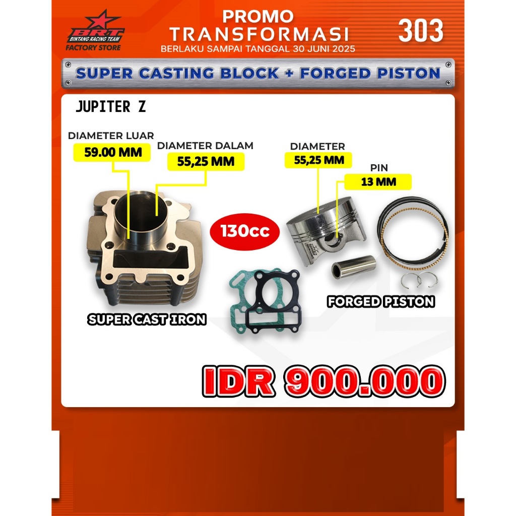 BLOK CAST IRON 55.25 MM + PISTON BORE UP 130 CC JUPITER Z (5TP) BRT BINTANG RACING TEAM