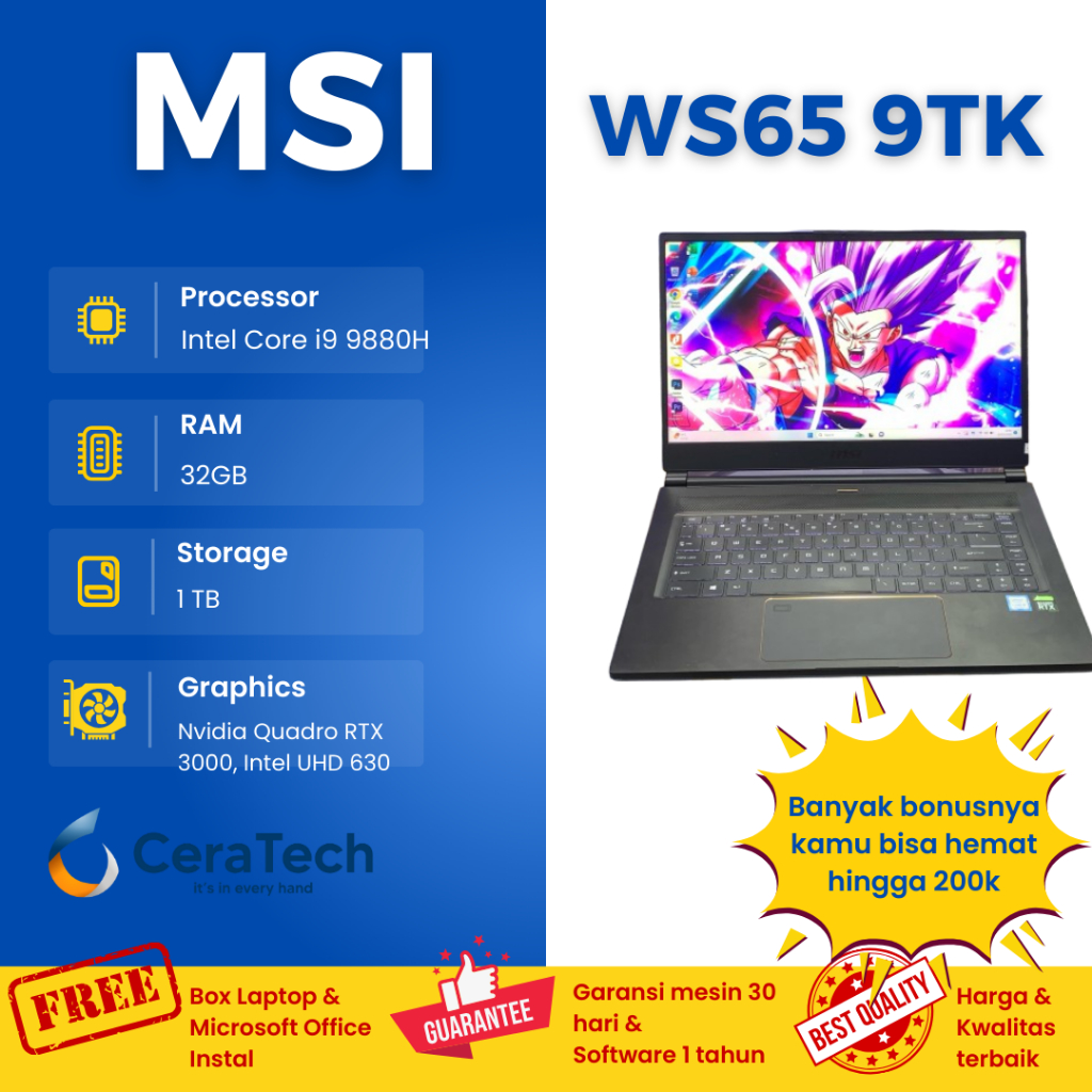 Laptop MSI WS65 9TK - Core i9 9880H Ram 32GB SSD 1TB