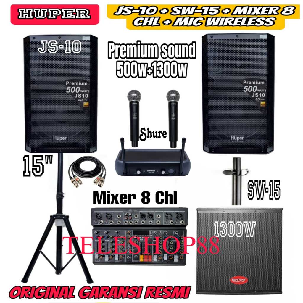 Paket Sound System Speaker Aktif 15 Inch Huper JS10+Subwoofer 15" Baretone SW15+Mixer Crimson 8 Chan