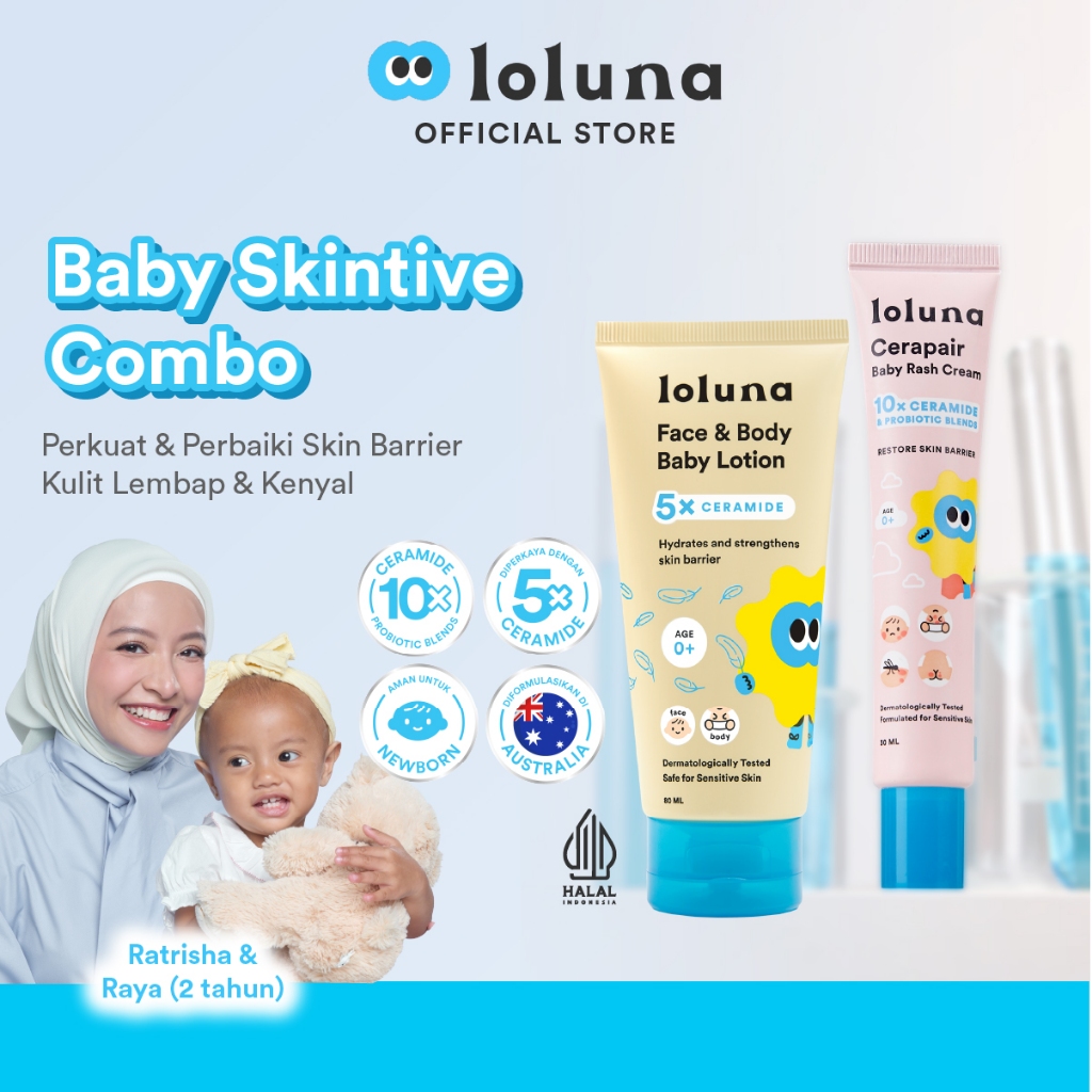 Loluna Sensitive Skin Combo/ Face & Body Baby Lotion + Cerapair Baby Rash Cream - Lotion & Krim Irit