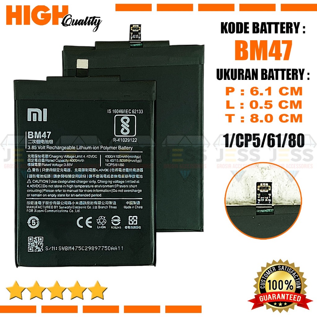 Baterai Xiaomi Redmi 3 / 3s / 3x / 3 pro / 3pro / Redmi 4x Battery BM47 / BM-47 Batre Original