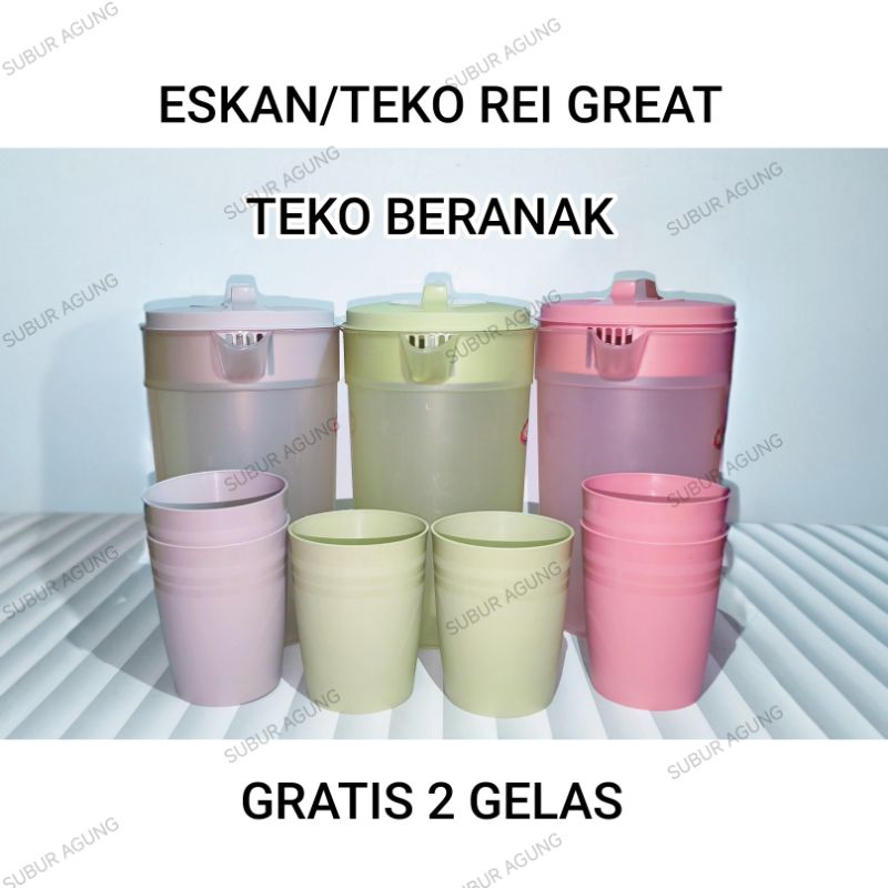GREAT-3 IN 1 ESKAN PLASTIK REI TEKO 1 LITER + 2 GELAS TEKO ESKAN PITCHER CERET SET BPA FREE/TEKO BER