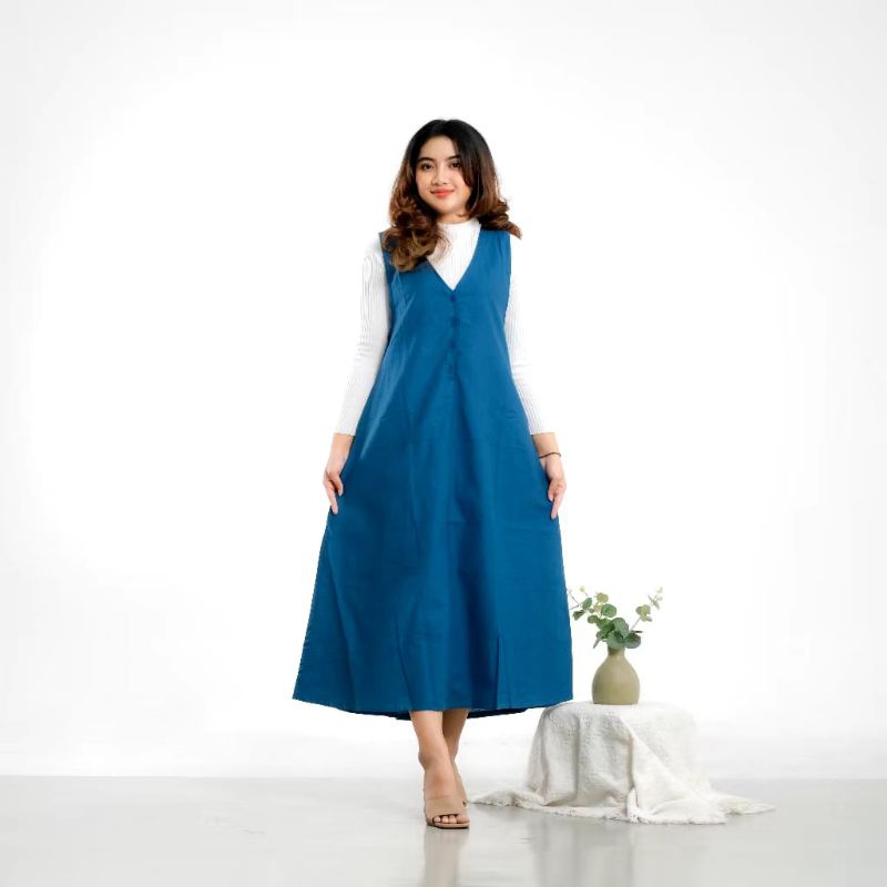Haura Overall Linen Long Dress Korean Look