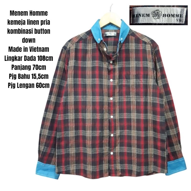 Menem Homme kemeja linen pria kombinasi button down