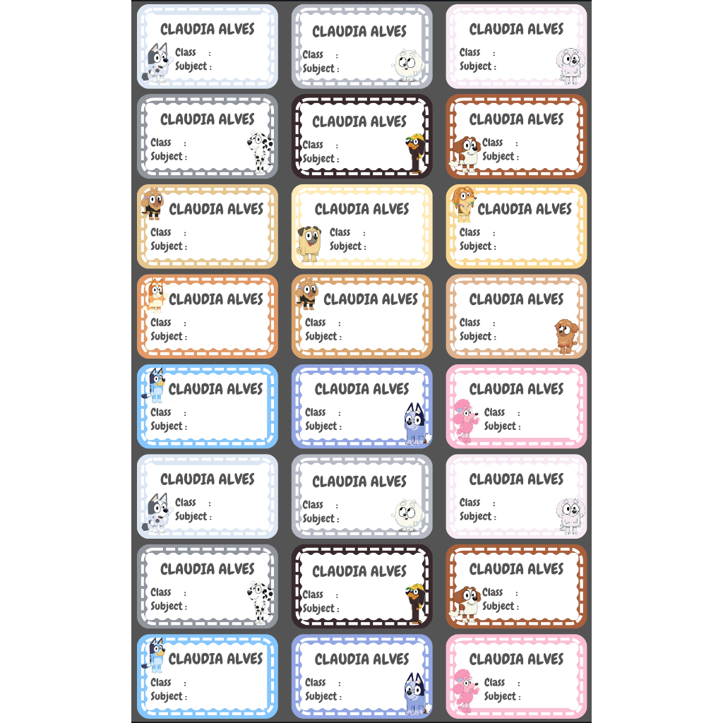 

STICKER LABEL NAMA BLUEY DOG ANJING CAT KUCING ukuran 46mmx26mm