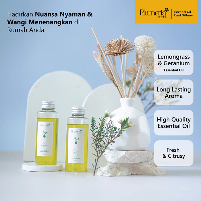 Plumeria Scent Ceramic Reed Diffuser - Senja (Lemongrass & Geranium Essential Oil)-Pengharum Ruangan