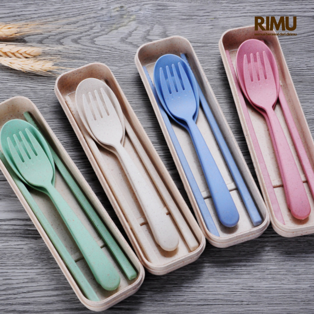 RIMU Set Sendok Garpu Travel Pastel Alat Makan Portable Wheat Straw + Kotak Cocok Bekal & Piknik