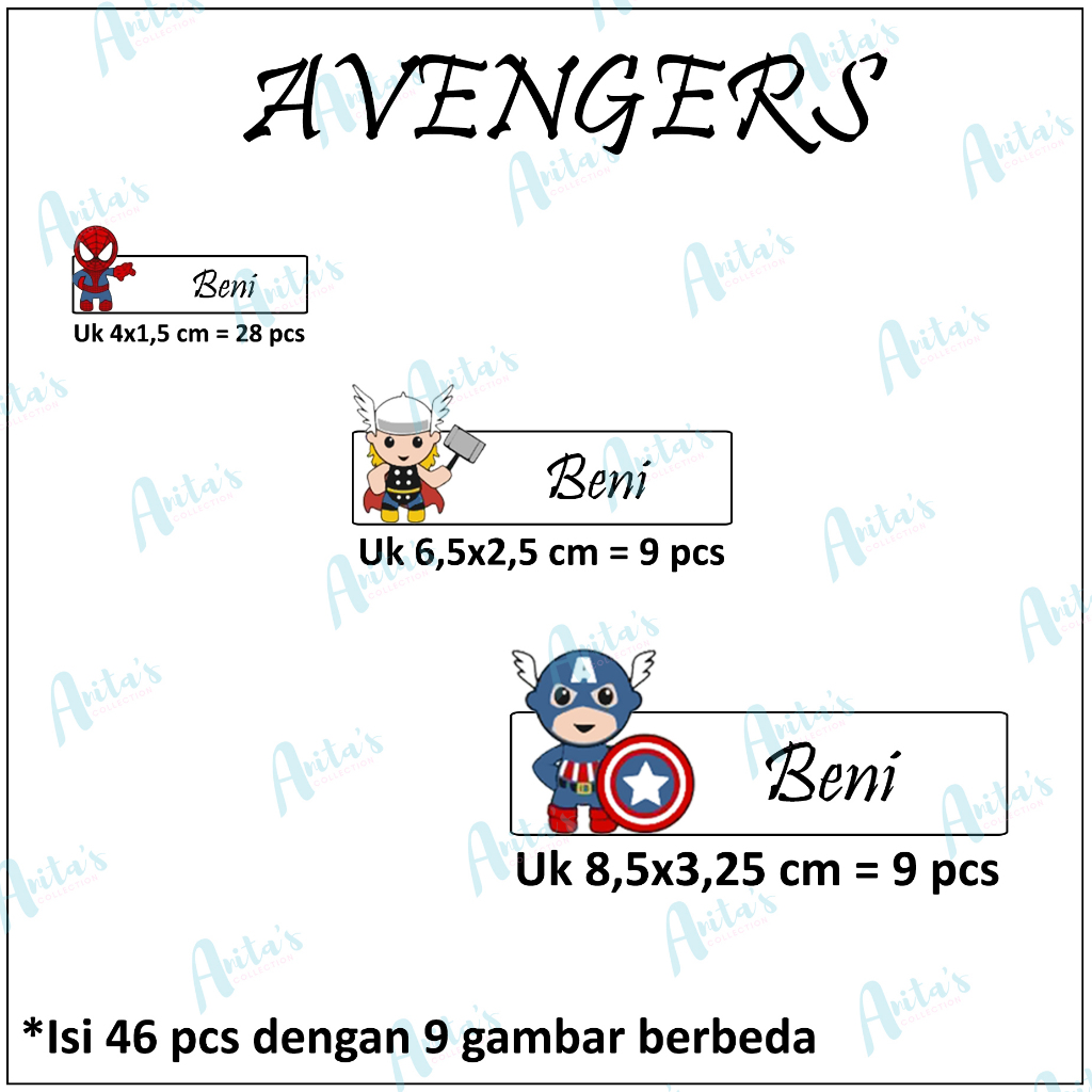 

46pcs STIKER LABEL NAMA PULPEN / PENSIL dll tema AVENGERS | SIZE S, M, L (MIX) | CUSTOM NAMA