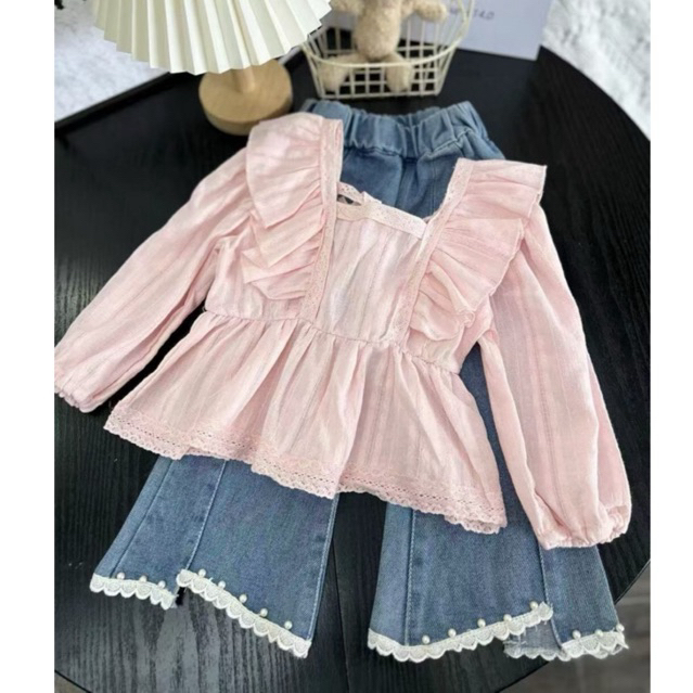 [Relinkids] Setelan Celana Jeans Cutbray Atasan Ruffle Polos Fashion Anak Import