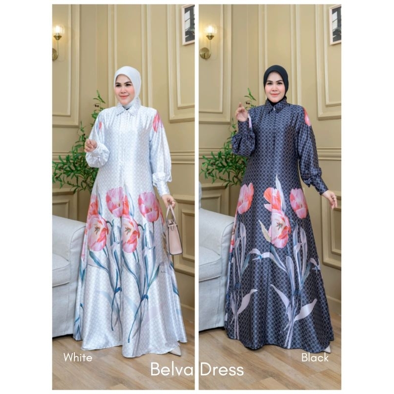 Belva Dress // Gamis Sutra motif Bunga // Gamis Simpel Hitam Putih
