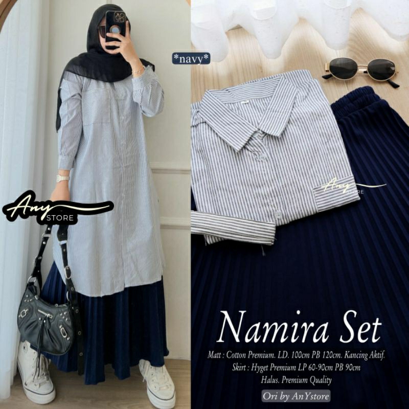 Namira One set wanita setelan rok plisket tunik garis garis bahan katun