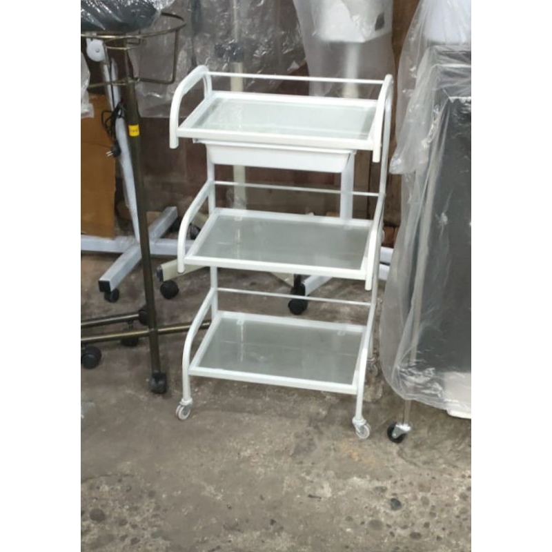 Rak troli kaca rak salon kecantikan rak klinik kecantikan skincare rak trolley salon kecantikan
