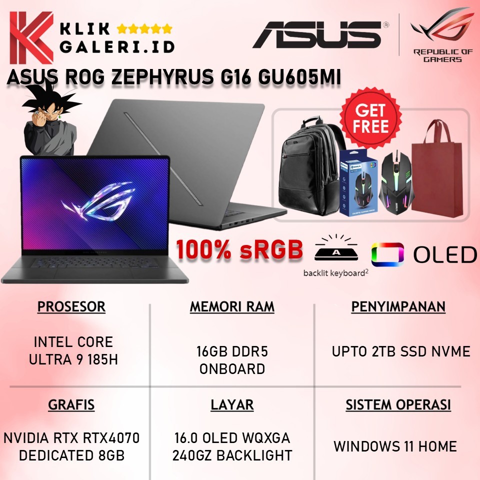 Laptop Gaming Asus ROG ZEPHYRUS G16 GU605MI Intel Core Ultra 9 185H Rtx4070 Ram 16GB Ssd 2TB Oled WQ