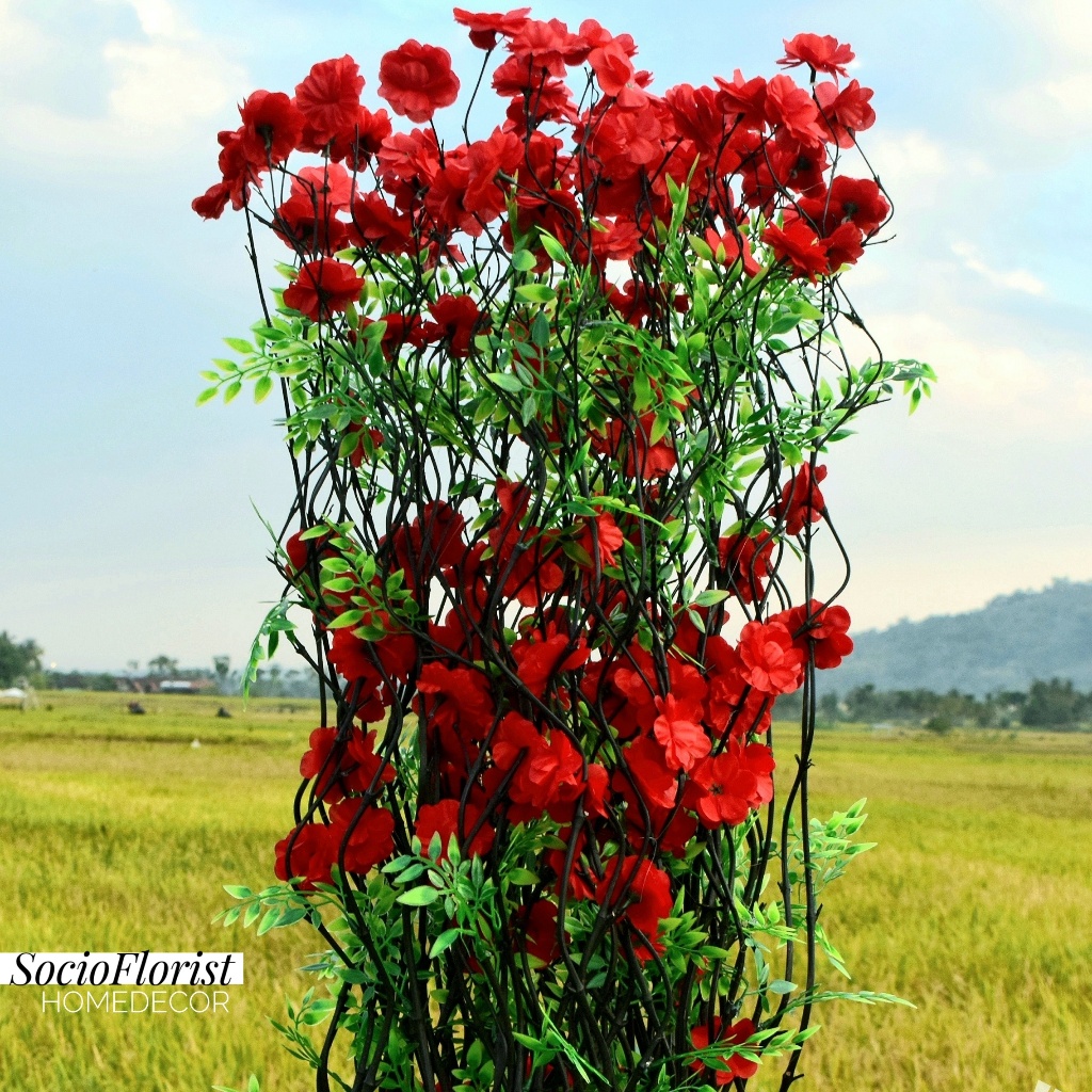 Perlengkapan Rumah Bunga Artifisial Dekorasi Aesthetic 15 Btg Bambu Ulir Hitam hias Anyelir Merah 14