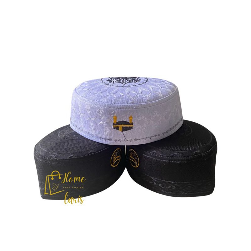 Peci Kopiah Haji Putih Malaysia Logo Kabah / Peci Kopyah Malaysia Bordir Ka’bah Motif / Peci Oleh Ol