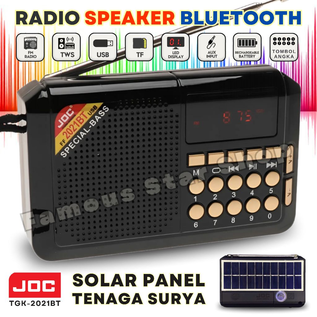 Speaker Radio Solar Bluetooth Full Bass JOC TGK-2021BT Fitur Terlengkap Tampilan Mewah Panel Surya T