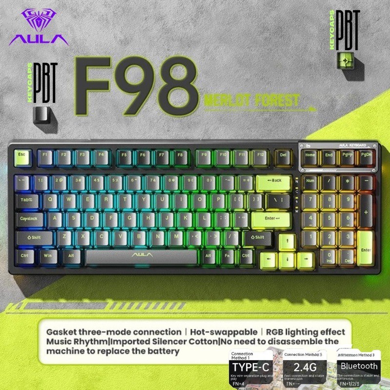 Keyboard Gaming Mechanical AULA F98 PBT Keycaps with 3 mode connection 99 Keys BLACK GREEN