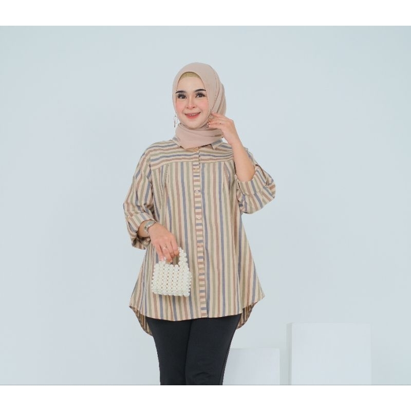 Kemeja wanita kekinian, blus motif garis,Blus motif salur LD 120cm