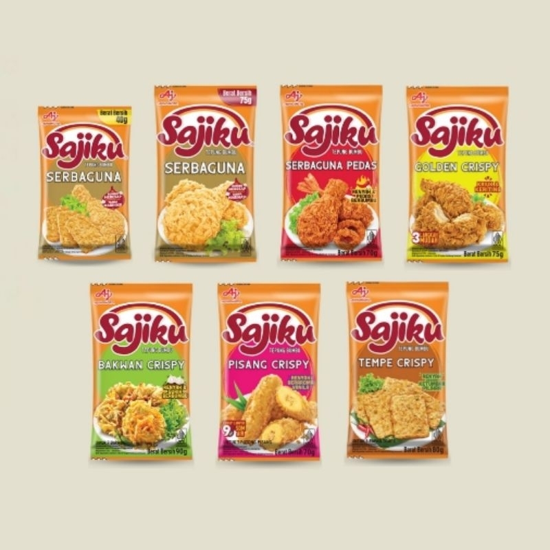 

SAJIKU TEPUNG BUMBU INSTAN RENTENG isi 10 SACHET SERBAGUNA 40gr SERBAGUNA 75gr SERBAGUNA PEDAS 70gr GOLDEN CRISPY 70gr BAKWAN CRISPY 90gr PISANG CRISPY 70gr TEMPE CRISPY 80gr
