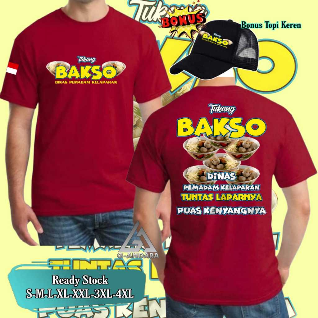 KAOS TUKANG BAKSO SABLON DEPAN BELAKANG READY LENGAN PANJANG DAN LENGAN PENDEK BONUS TOPI