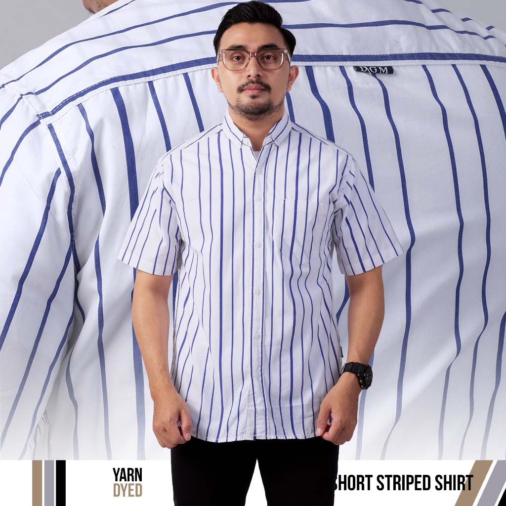 DGM Kemeja Pria Salur Premium Pendek Putih Salur Biru 2784