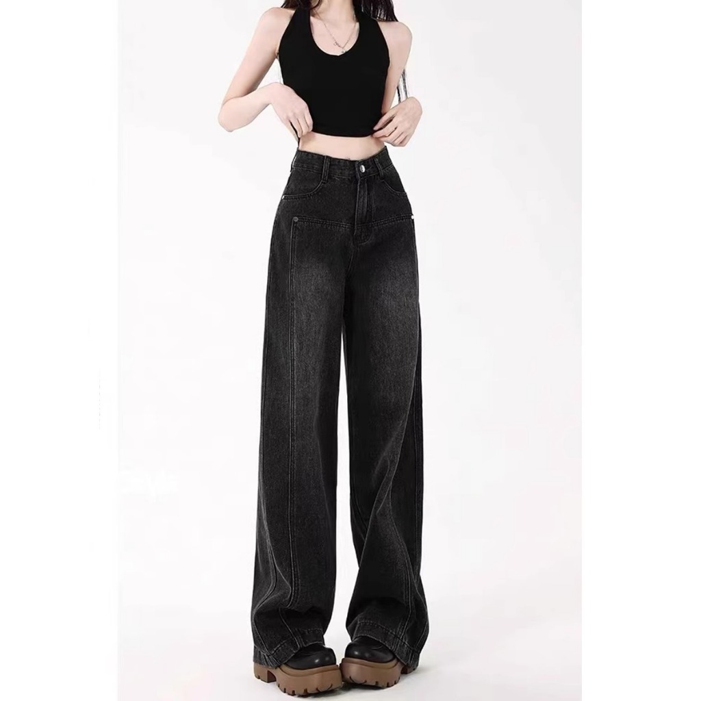 YOYO- Hitam Highwaist Celana Jeans Wanita Korean Style Jeans lurus longgar