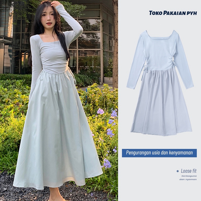 55LANGSUNG ORDER Dress Korea Dress Biru Muda Dress Midi Premium Murah Terbaru Dress Lengan Panjang D