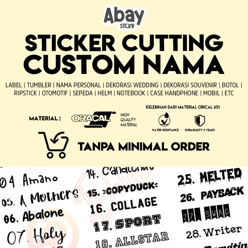 

Cutting Sticker - Custom Nama - TANPA MINIMAL ORDER