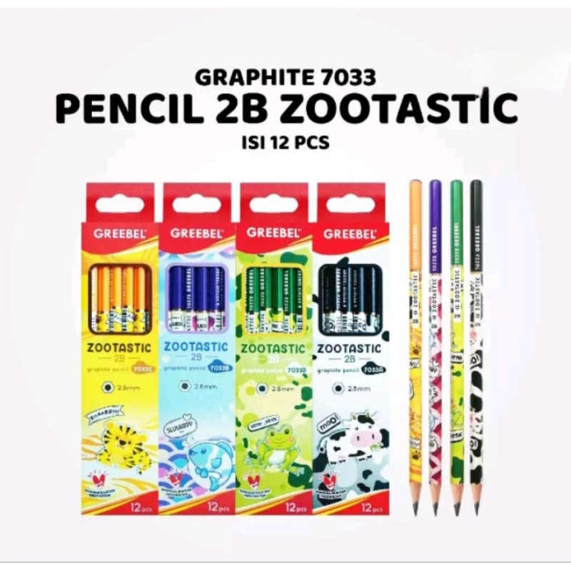 

(1 PAK / 12 PCS) GREEBEL Pensil Kayu 2B Zootastic 7033 Pensil Tulis Ujian Sekolah / Pensil Grafik