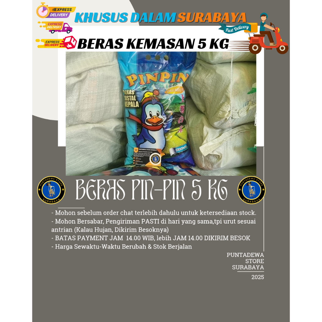 

BERAS PREMIUM KEMASAN PIN-PIN 5 KG INSTAN SURABAYA