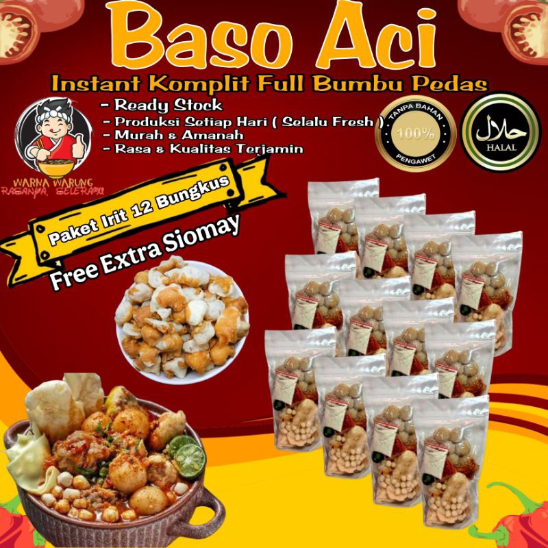 

[ PAKET IRIT 12 Bungkus ] Baso Aci Instan FREE EXTRA Topping Siomay Khas Bandung Komplit Full Bumbu Pedas / Boci Homemade / Bakso olahan / Baci Kuah - Makanan Cemilan Viral